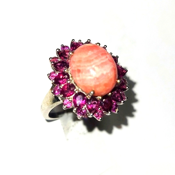 None Jewelry - RING 5ct Pink Banded Rhodochrosite Double Amethyst Halo Sterling Silver